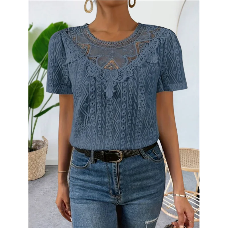 

NEW-Women's Short Sleeve Tunic Tank Tops Casual Lace Shirt Blouses