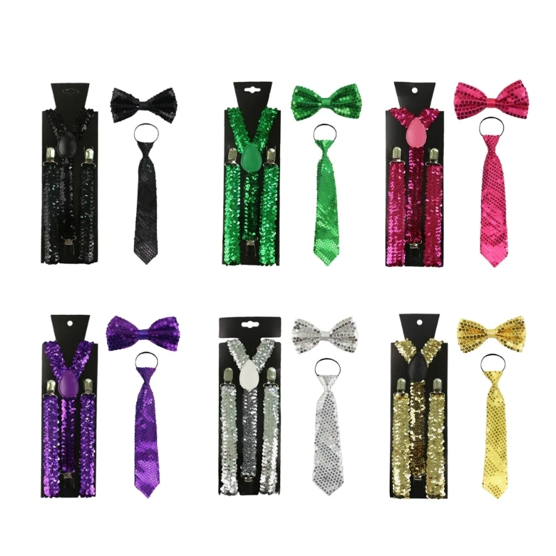 MXMB Men Women 3-In-1 Fish Scales Sequins Y-Back Suspender Bowtie Necktie Set