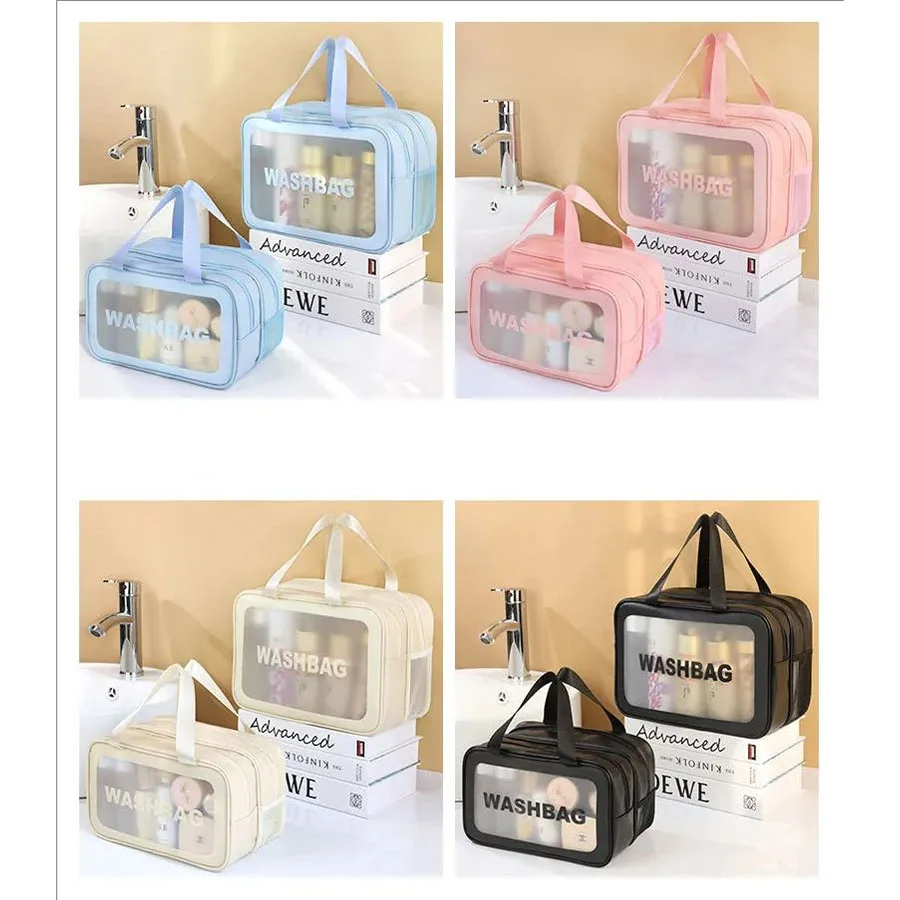 Doppelt transparente PU-Kosmetiktasche mit Trocken-Nass-Trennung, tragbare Kosmetik-Aufbewahrungstasche für Reisen, Fitness und Schwimmen – Detail 1