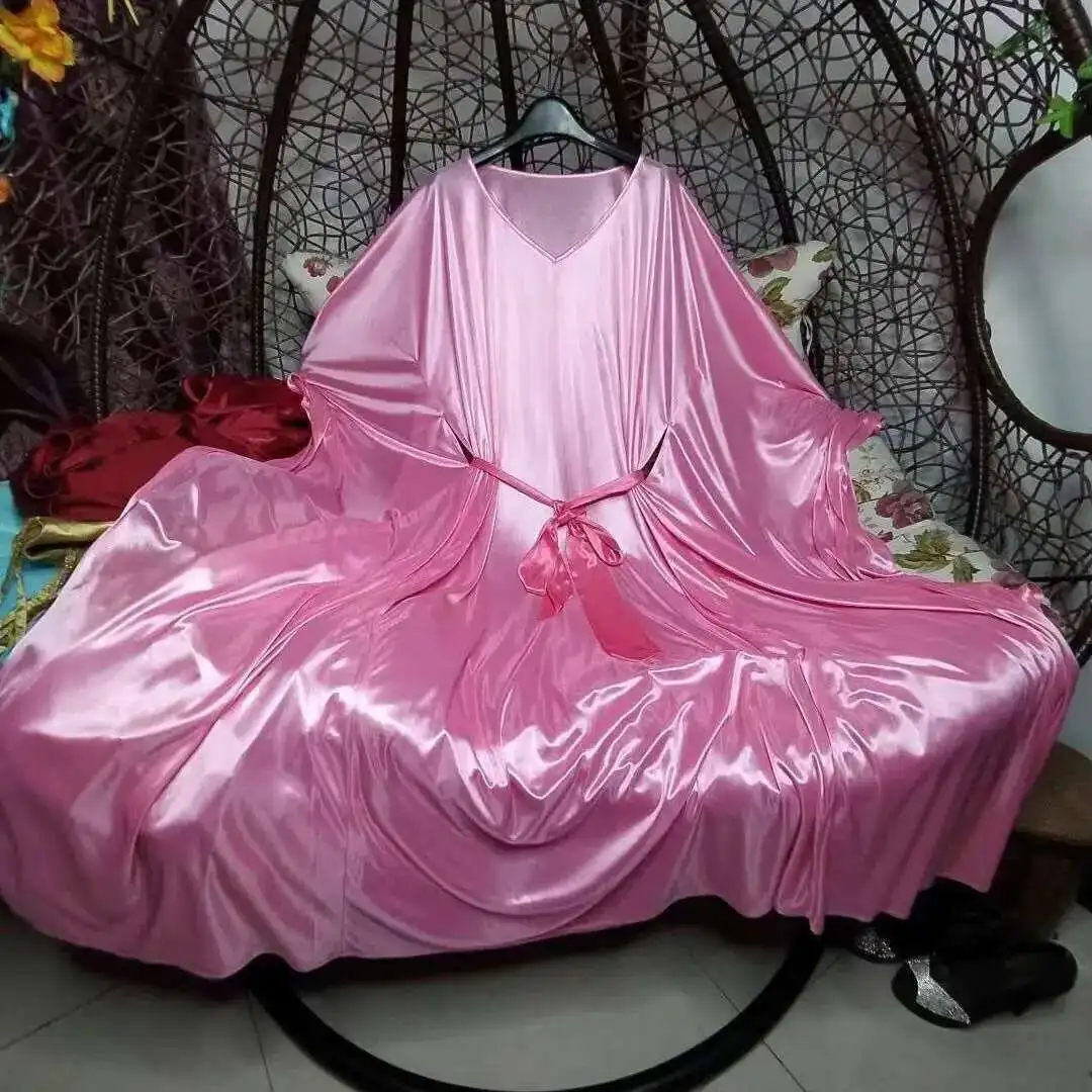 لامعة مثير المرأة الساتان فستان طويل كم طويل فستان سهرة فضفاض بالإضافة إلى حجم رداء النوم