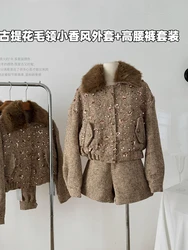 Women's Brown Two Piece Suit Vintage Long Sleeve Jacket Coat and Mini Shorts Harajuku Y2k Shorts Sets 2000s Fashion Clothes 2024