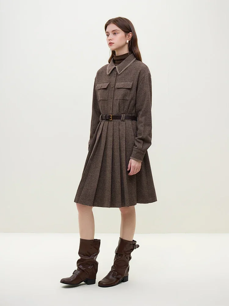 FSLE 22.9% Wool Polo Neck Women Brown Plaid Stripe Knee-Length Dress Belt Design Winter Commuter Pleated Skirts Shirt Dresses