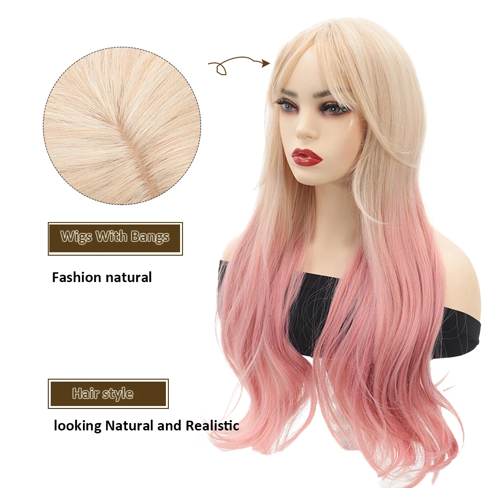 Gradient  Long Layered Wigs for Women Synthetic Curly Wig with Bangs Natural Look Middle Part Wigs with Pink Roots for Daily USE