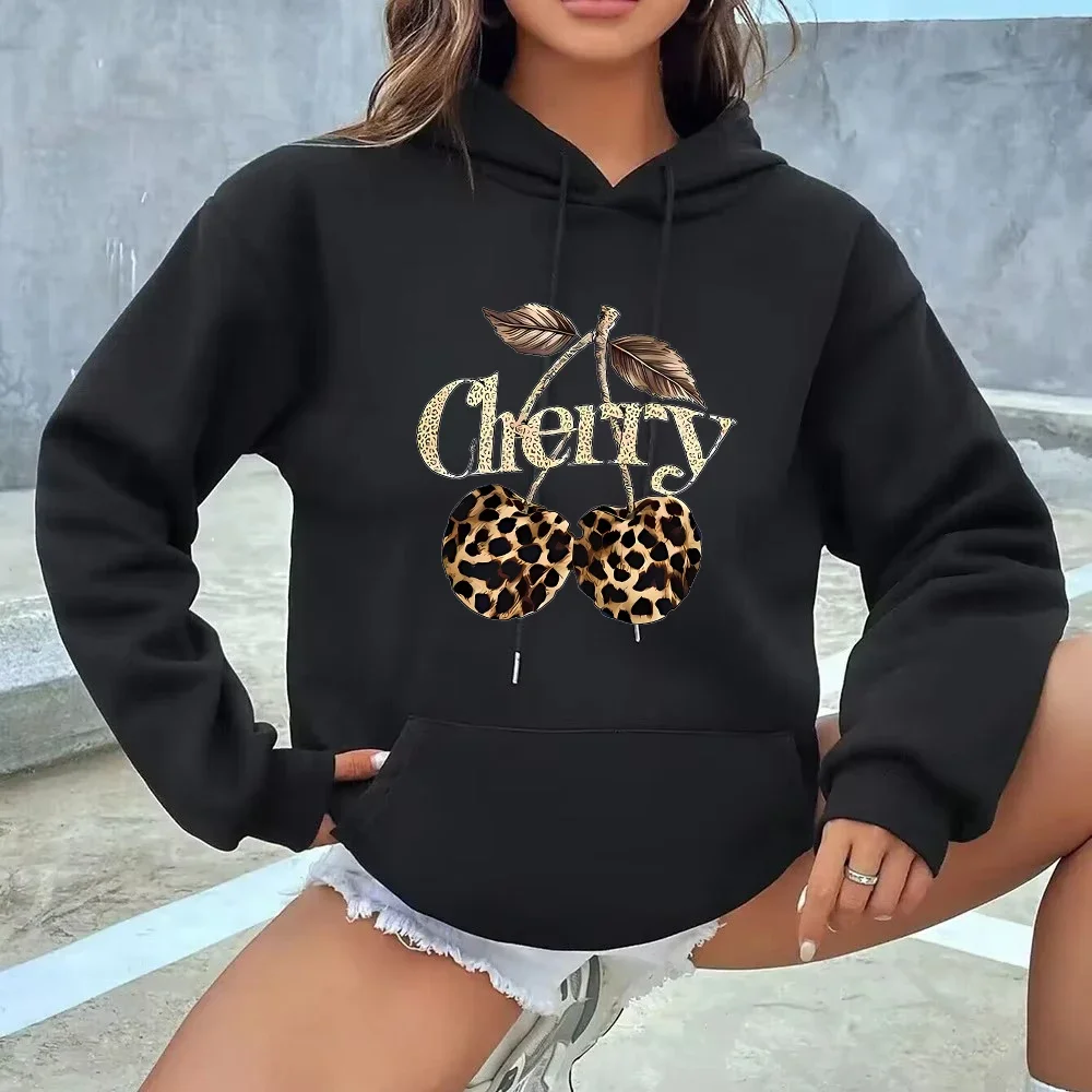 Pocket Hooded Hoodie Streetwear Leopard Cherry Print Long Sleeve Sweatshirt Clothing Hoody Autumn Winter Hoodies Clothes Ladies
