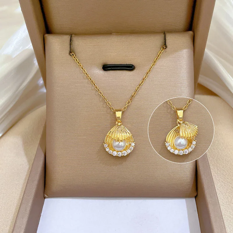 DIEYURO 316L Stainless Steel Double Layered Shell Pearl Zircon Pendant Necklace For Girl New Fashion Clavicle Chain Jewelry Gift