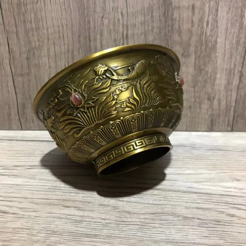 

Bronze Bowl Antique Metal Ornament Bronzeware Collection Metal Imitation Antique Bowl Exquisitely Carved Lotus Fish Flower Bronz