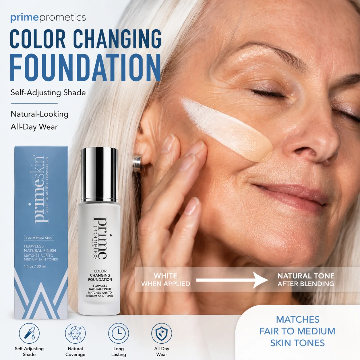 Prime Prometics Color Changing Foundation Self-adjusting Shade Natural-looking Flawless Finish Long Lasting Face Base Cream