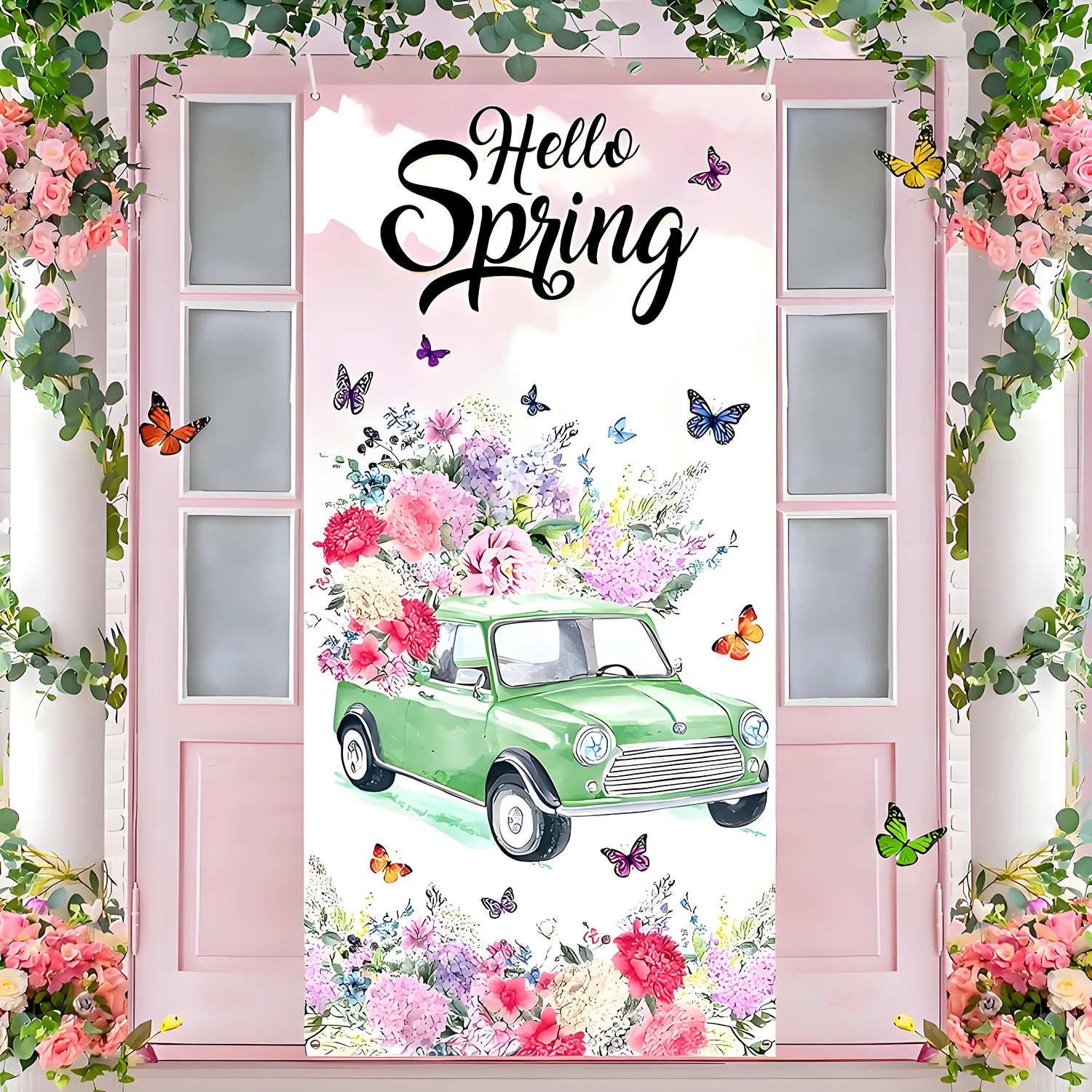 Hello Spring Door cover decorated with colorful flower banners Butterfly Green truck Spring seasonal outdoor items