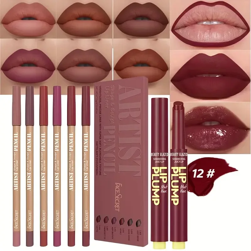6pcs Dark Brown Lip Liner with 1pc Lip Oil Lipstick Set, Moisturizing Solid Lip Gloss Jelly Lipstick,Makeup Gift Set for Women