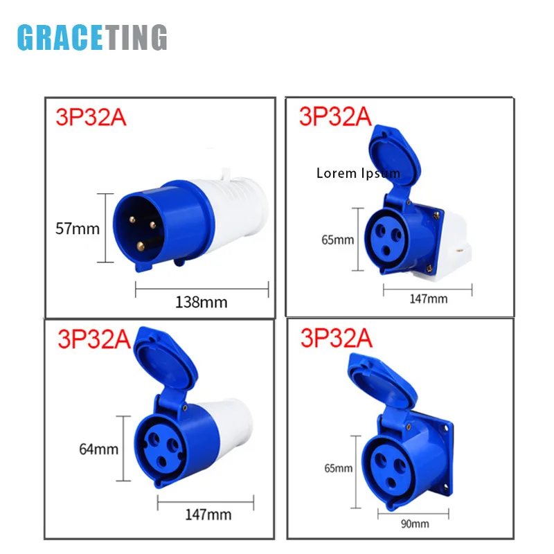 1Set 32 AMP 3 Pin Industrial Site Plug & Socket IP44 2P+E Male/Female Industry Electrical Socket Connector 220-240V Blue