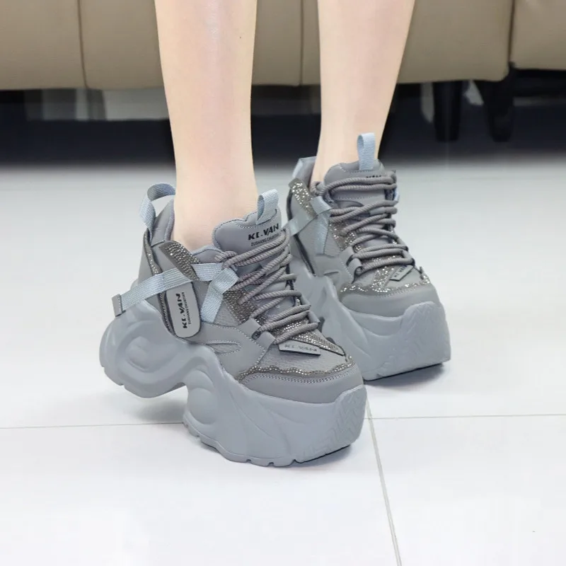 12cm Thick Sole High Heel Sparkly Sneakers for Women Winter Autumn Fluffy Lining Cozy Boots Short Women 10cm Heel Elevator Shoes