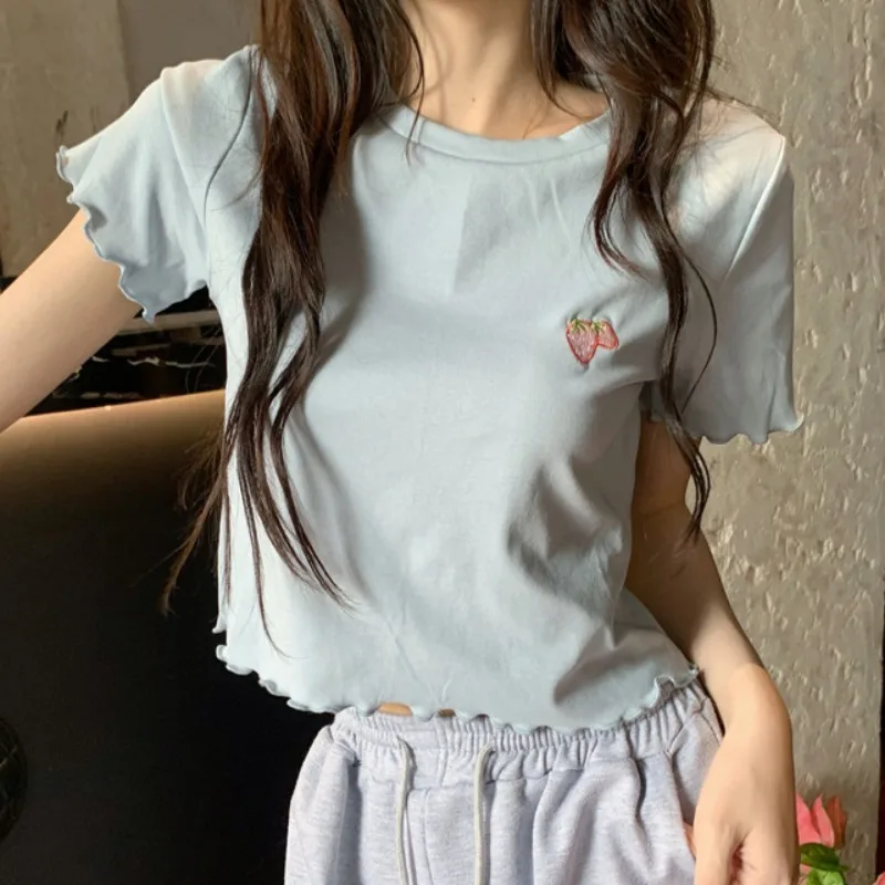 Sweet T-shirts for Women All-match Ins Short Sleeve Casual Thin Fit O-neck Ruffles Niche College Girls Korean Style Soft Solid