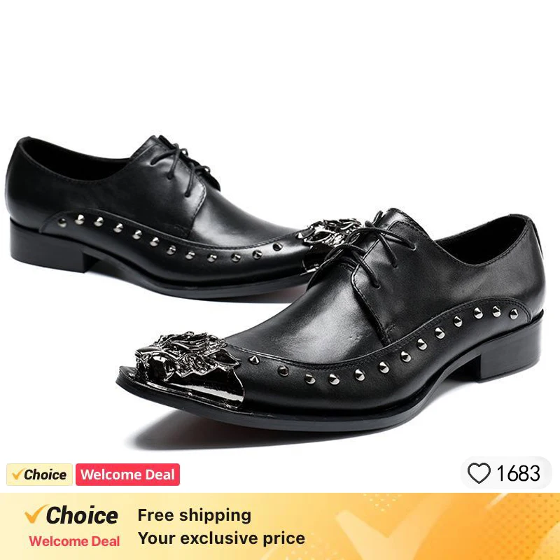 

Men's dress shoes black Derby shoes casual lace-up leather shoes fashion pointed rivet shoes male.