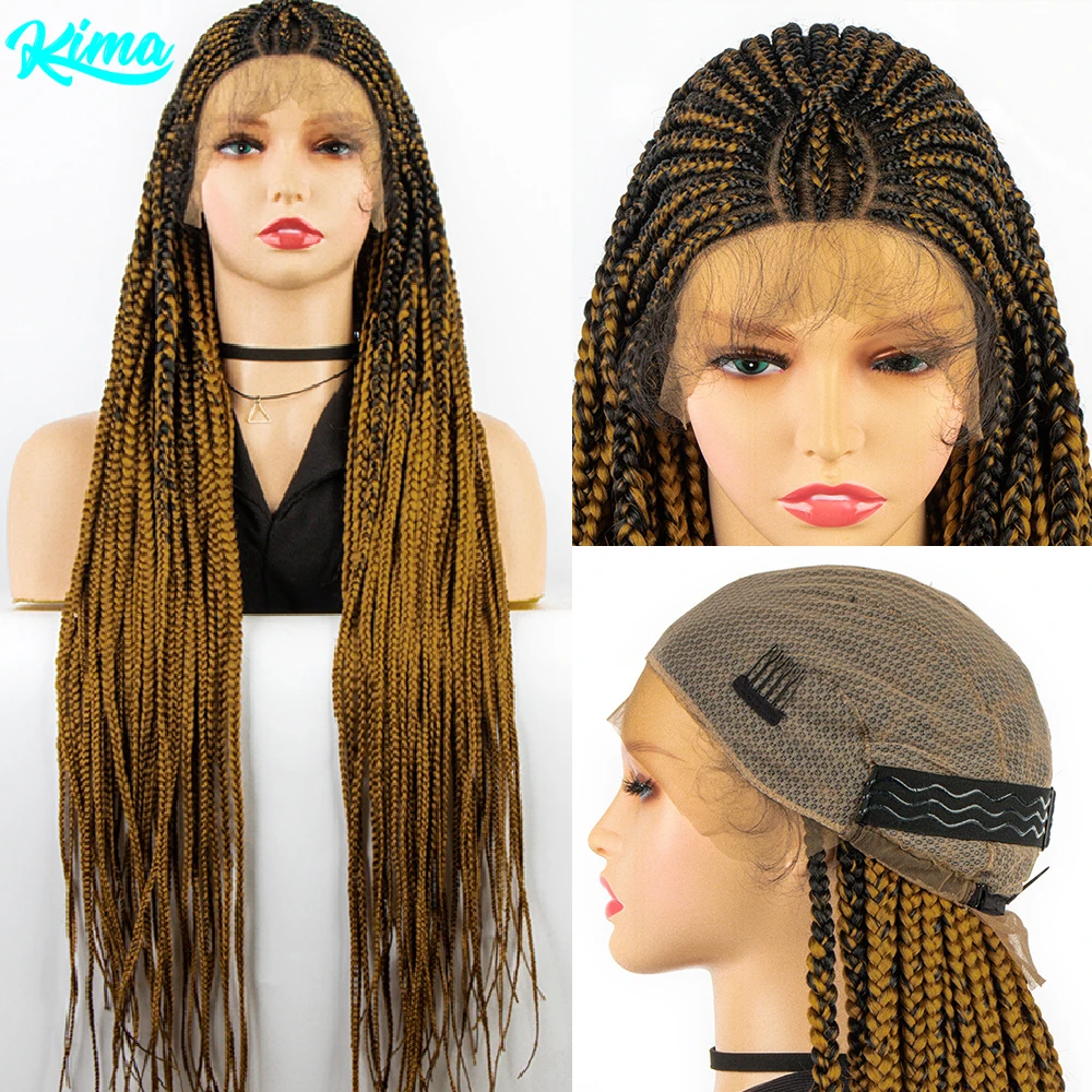 KIMA Cornrow Braided Wigs Synthetic Full Lace Wig Fulani Braids African With Baby Hair Braided Lace Front Wigs 34 inches