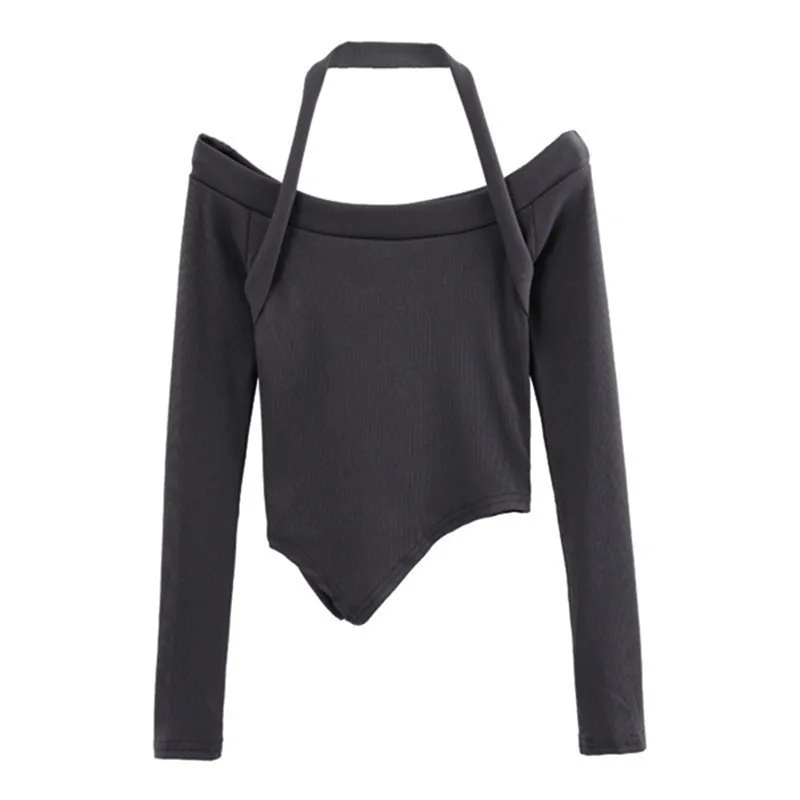 2024 Sexy Halter Off Shoulder Crop Tops Woman Long Sleeve Black Kpop Y2K T-shirt Women Slim Sexy Vintage Tee Shirt New Autumns