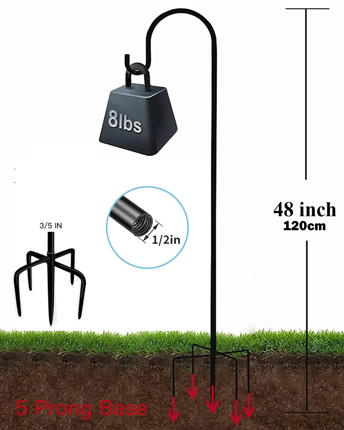 Shepherd Hook for Outdoor with 5 Prong Base, 2PCS 48&60 Inches Garden Bird Feeder Pole for Hanging Bird Feeder