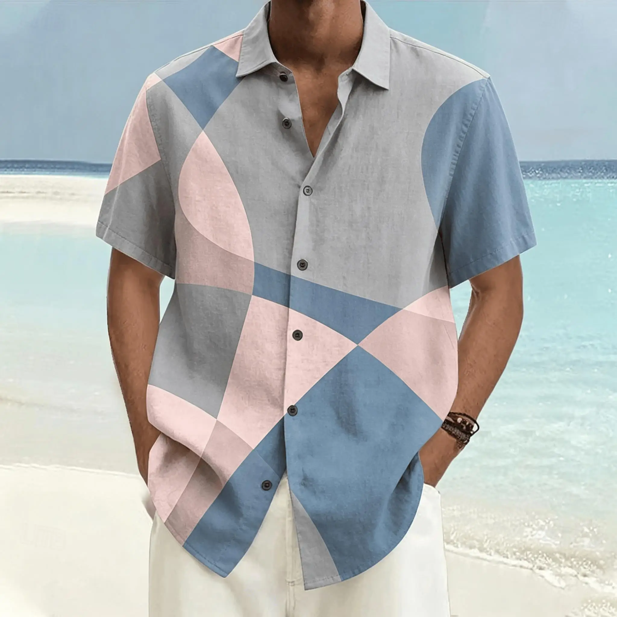 

Men's Morandi Geometric Abstract Print Short Sleeve Shirt, Casual Minimalist Button Up Shirt for Spring & Summer