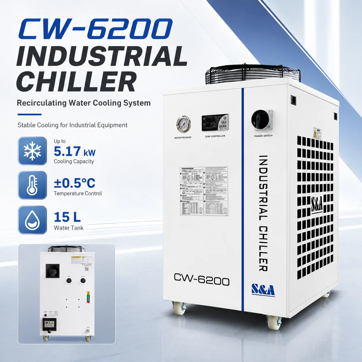 CW-6200 Industrial  Chiller Up to 5.17kW Recirculating Cooling System 220V for Laser Equipment Temperature Control water chiller