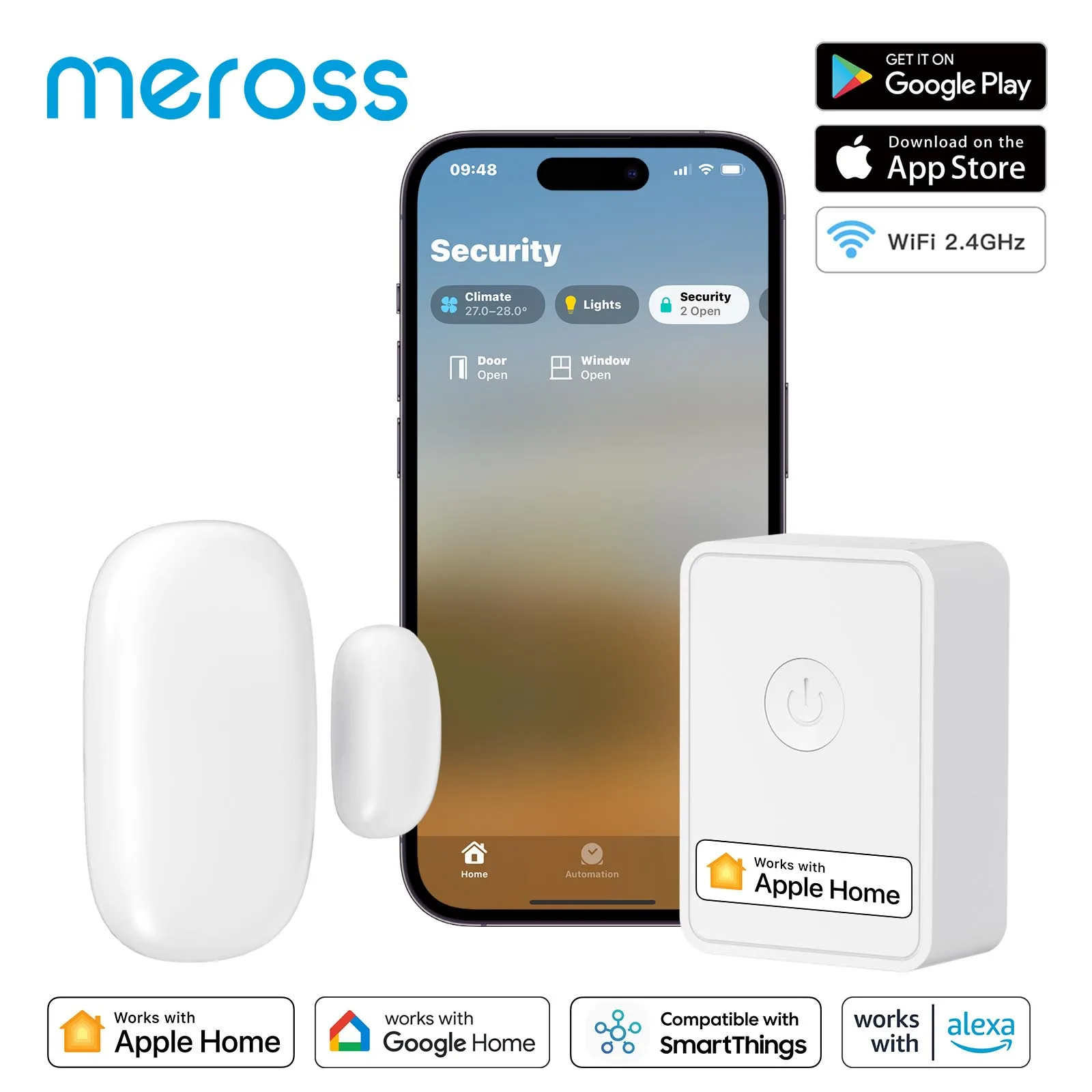 Meross-Sensor de puerta inteligente HomeKit, Detector de ventana abierta y cerrada, alarma de protección de seguridad para el hogar, Google, Alexa,