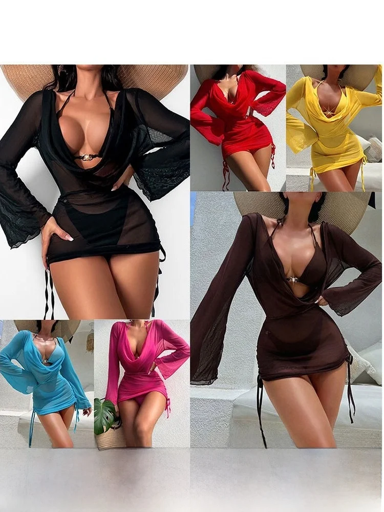 

Sun Protection Bikini Set Pearl Sexy Tie Long Shirt Separate Three-piece Swimsuit Casual Surfing Swimwear with Chest Pad No S...