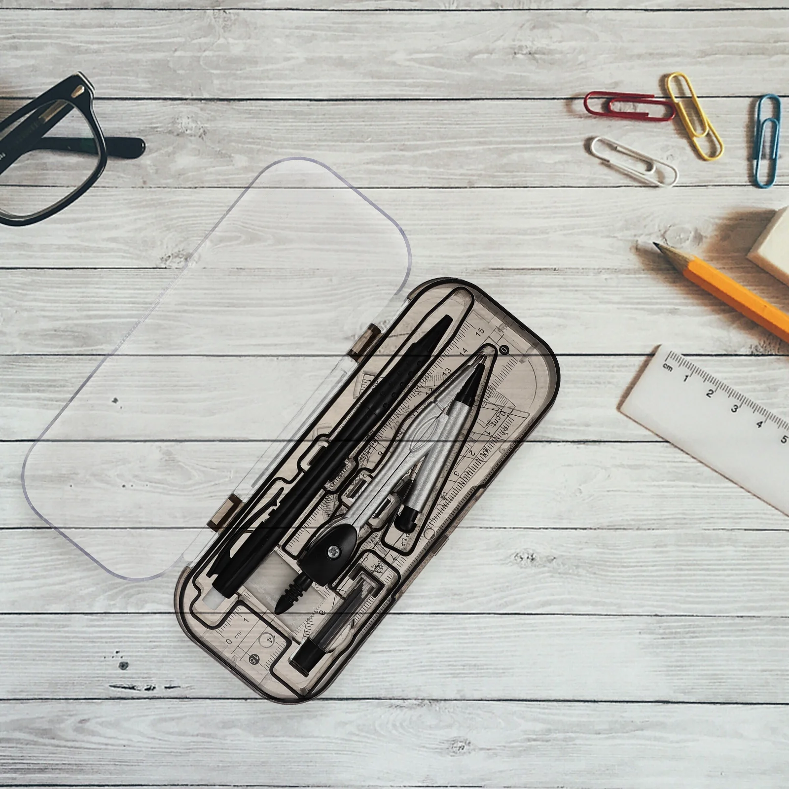 Règle de boussole, outils de mesure, boîte à outils de dessin, rapporteur en plastique transparent, règle triangulaire, Kit de papeterie scolaire et mathématique, 1 ensemble