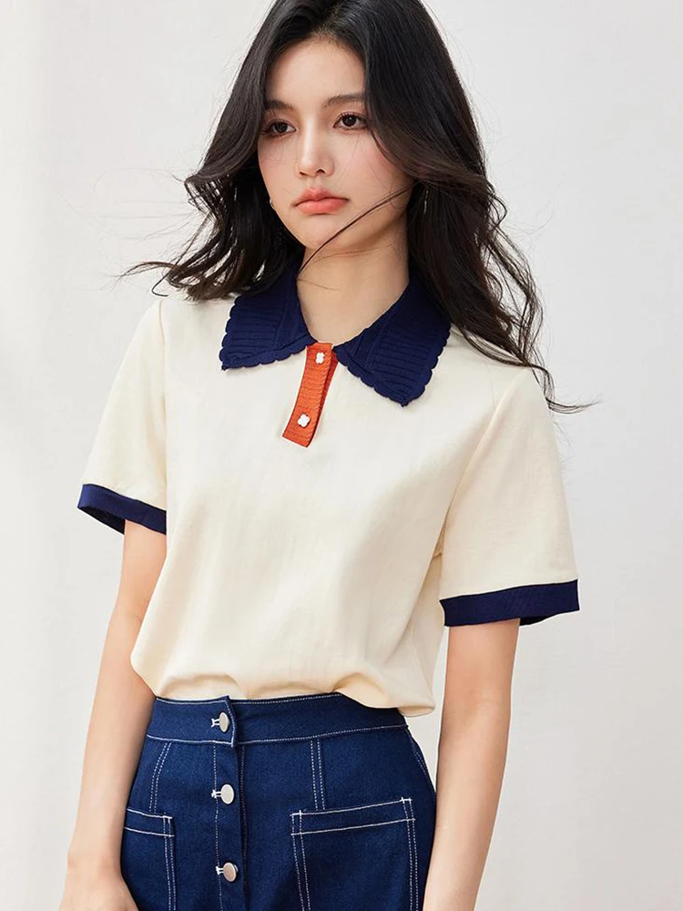 2024 Korean Summer New T-shirt Women Contrast Color Lapel T-shirt Casual Slim Top Fashion Pullover Tee Shirts