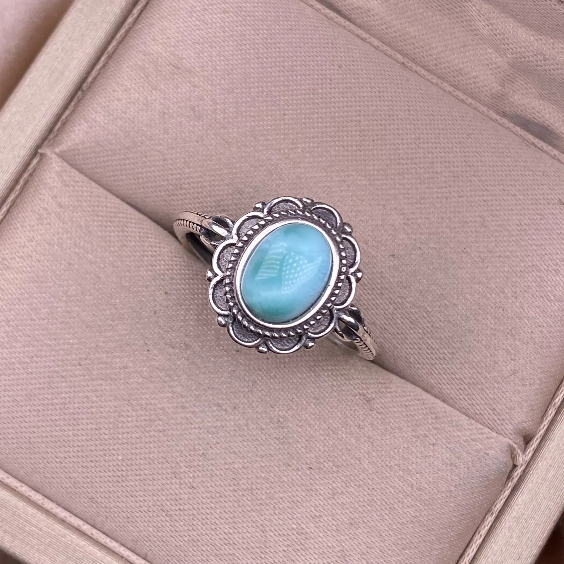 HUAYI Designs Luxury flower Natural oval Larimar ring Adjustable 925 Sterling silver rhodium