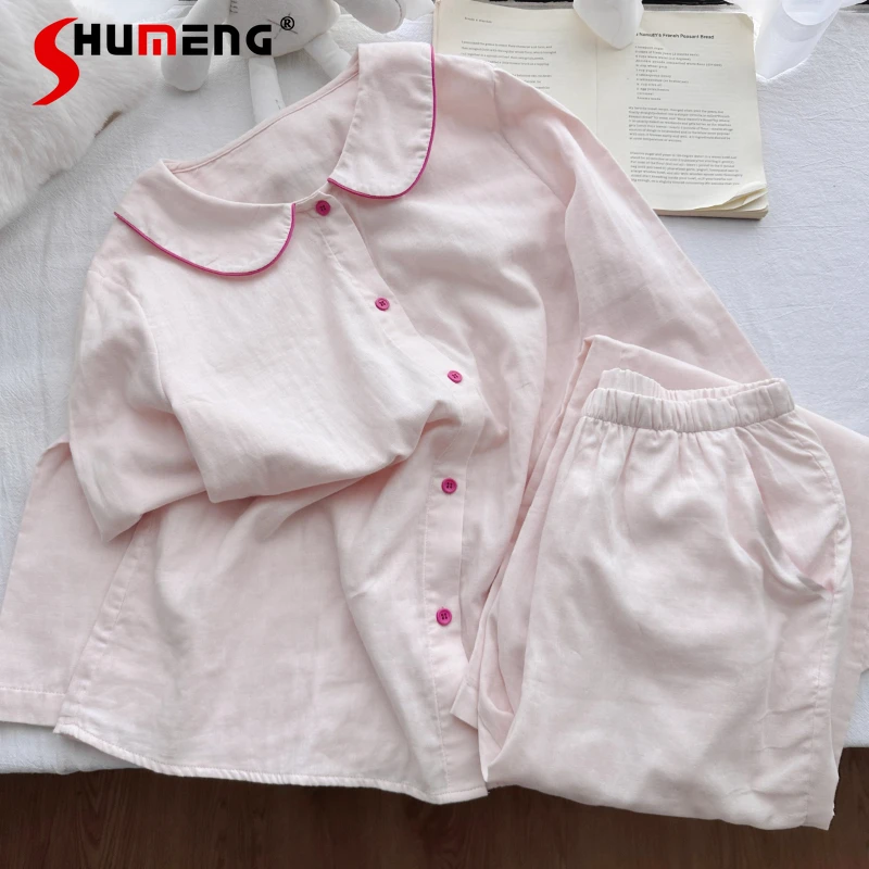

Sweet Doll Collar Pink Cotton Pajamas for Women Autumn Spring Simple Homewear Female Japanese Long Sleeve Two Piece Set