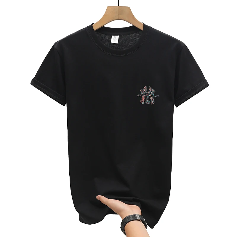 Fashion printed black T-shirt men's short-sleeved summer elastic breathable soft trendy high-end affordable luxury men's top