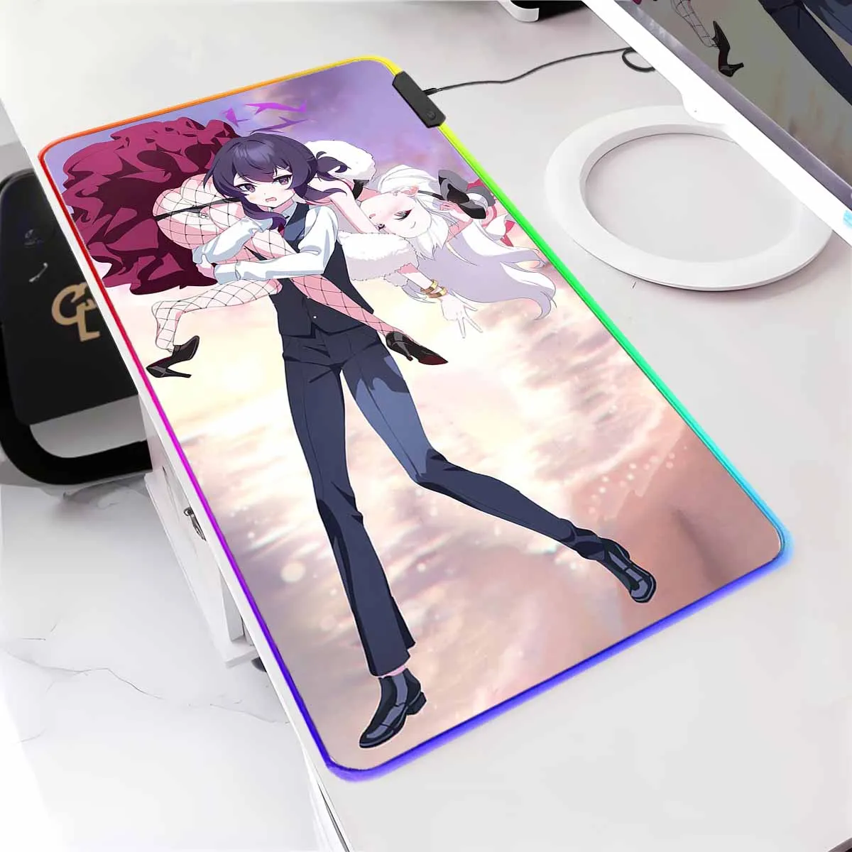 

Anime B_Blue A_Archive Large Non-slip Mouse Pad LED Backlit Cute Haruka RGB Mousepad Overwatched Desk Play Mat Keyboard Mat