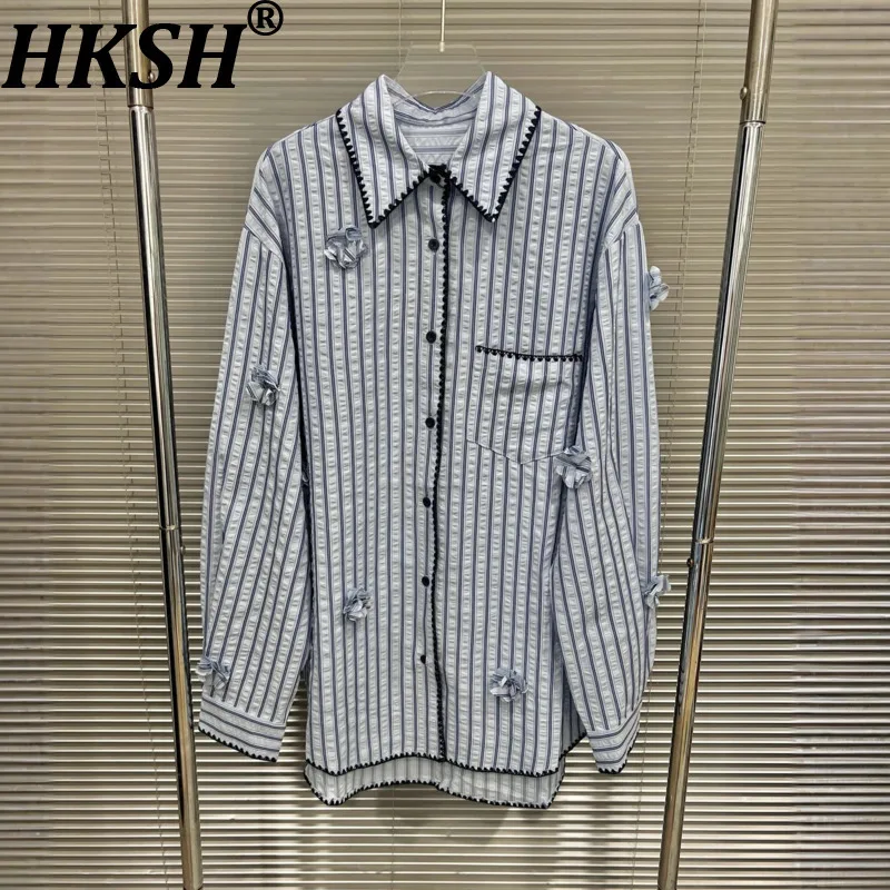 

HKSH рубашка для женщин, осенние новые однобортные топы с отложным воротником в полоску и карманами, шикарные брюки с трехмерным цветком HK10843