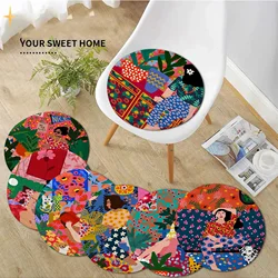Girl Relaxing Green plants Print Cushion Mat Round Chair Mat Soft Pad Seat Cushion For Dining Patio Home Office Indoor Outdoor