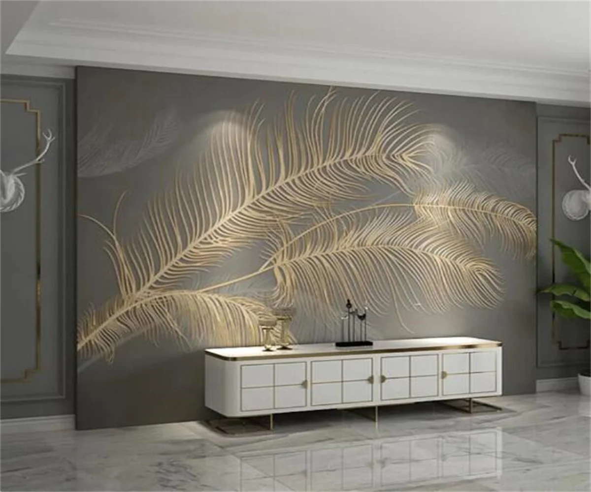 Custom mural 3D wallpaper Nordic style light luxury feather gold embossed lines background wall living room bedroom mural