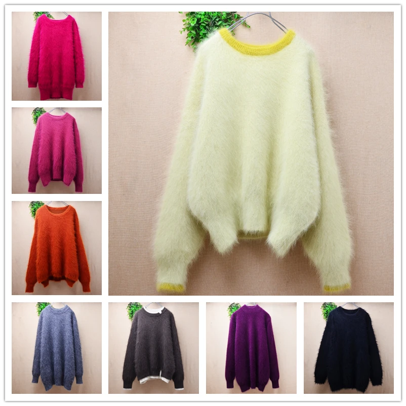 

Женский осенне-зимний модный волосатый плюшевый норковый кашемировый вязаный свитер с круглым вырезом и длинными рукавами, свободный пуловер, свитер, джемпер, топы