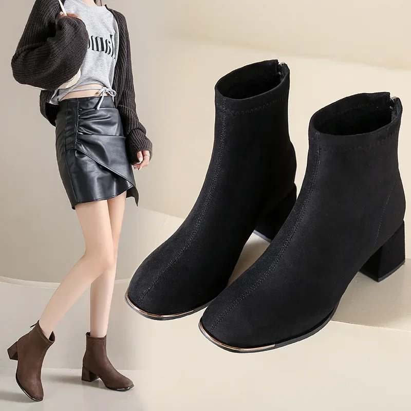 Elegant Women's Boots Ankle Flock 2024 New Mature Simple Zipper Square Head Work Casual Boot Square Heel Women Shoe Black