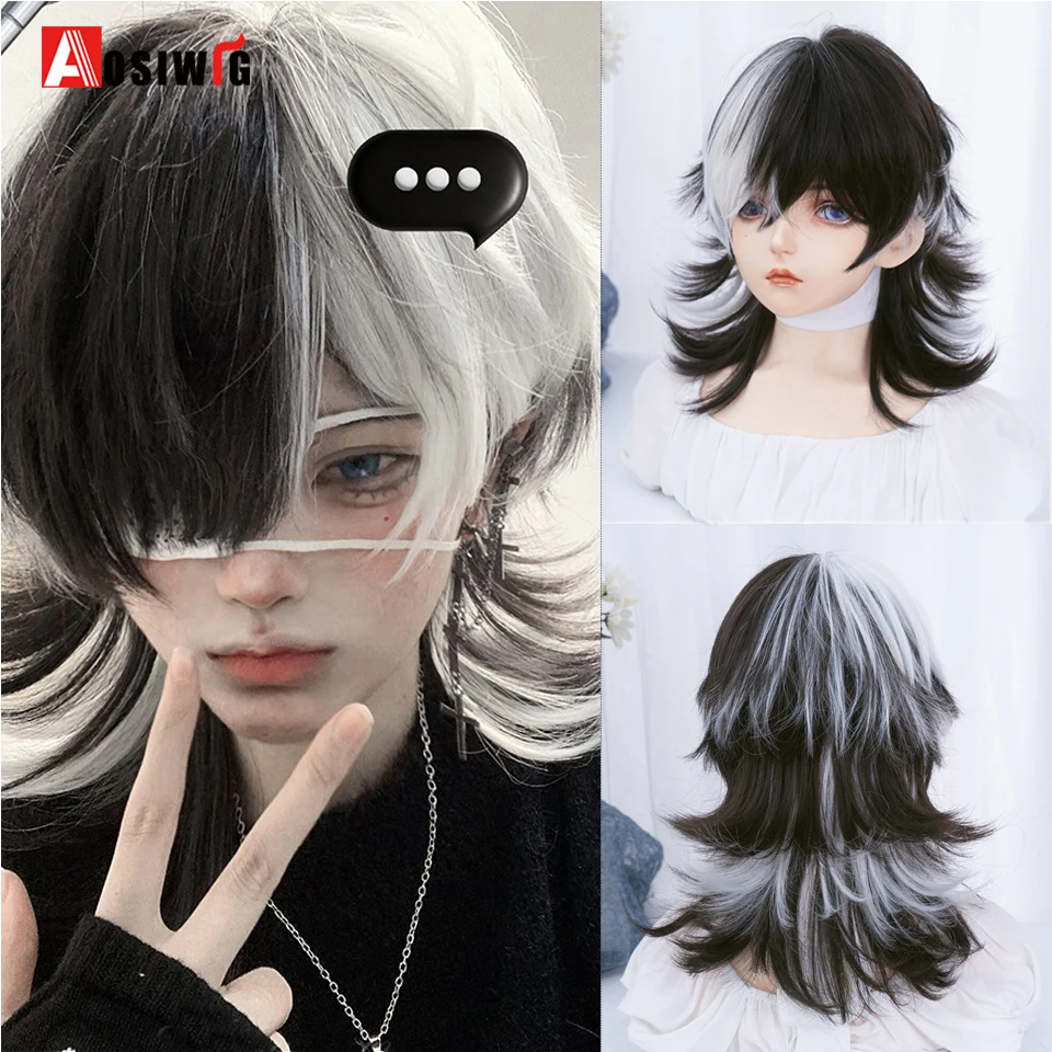 Halloween Synthetic Short Mullet Head Wigs With Bangs Straight Anime Hairpieces White Gold Wolf Tail Short Hair Wig  For Daily P