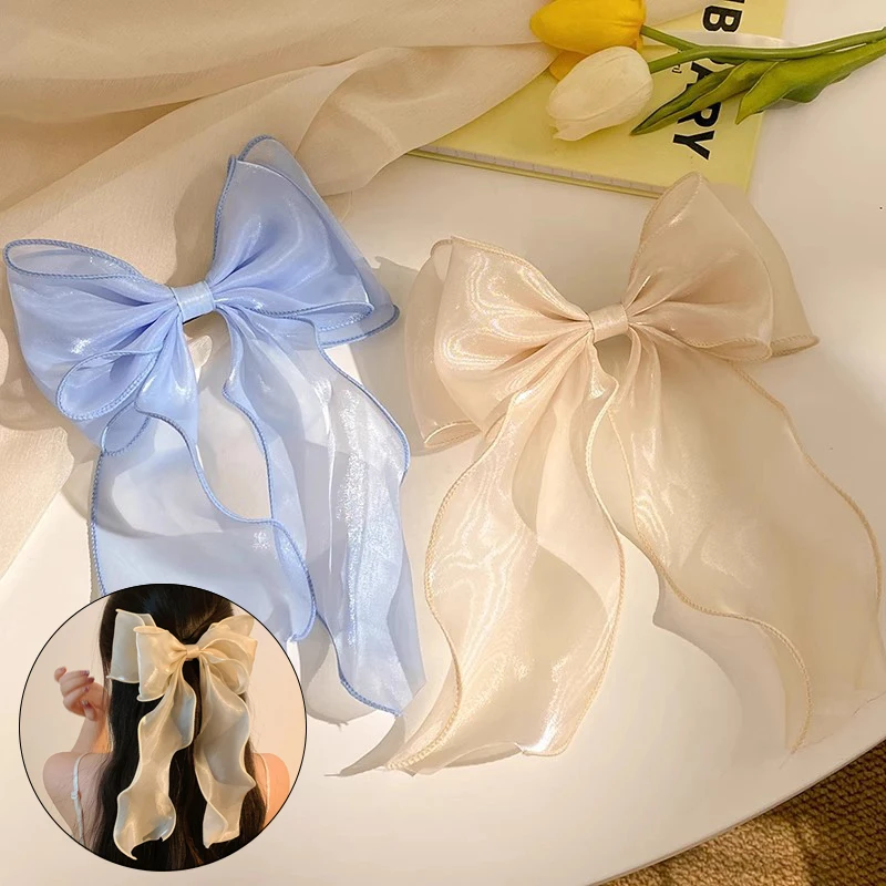 Sweet Chiffon Bow Hair Clips Girls Blue Shining Satin Bowknot Hair Clips Ribbon Bow Barrette Hairpin Grip Ponytail Clip Headwear