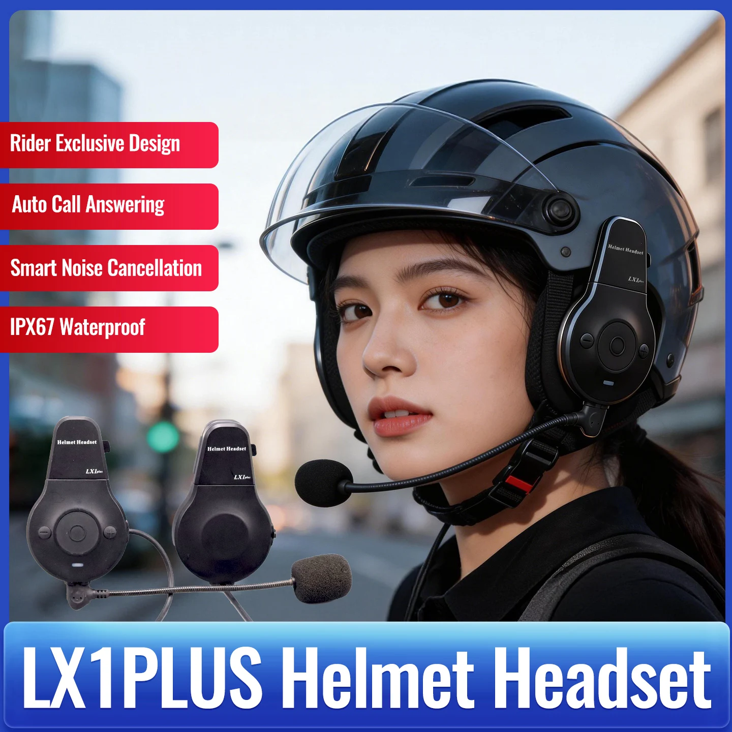 

LX1Plus Motorcycle Summer Helmet Headset, Dual Ear Stereo, Voice Control Bluetooth 5.4, Hands-Free Call Waterproof Earphone