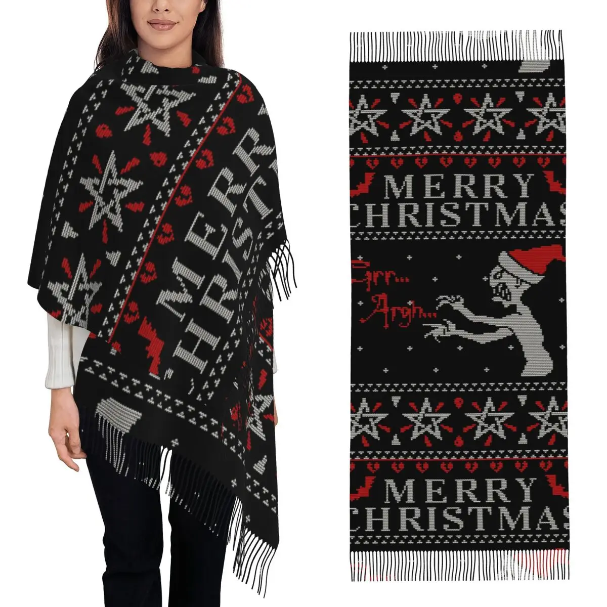 Buffy Vampire Slayer Christmas Ugly Sweater Scarf Tassel Scarves for Women Soft Warm Shawls and Large Fall Winter Shawl Wraps
