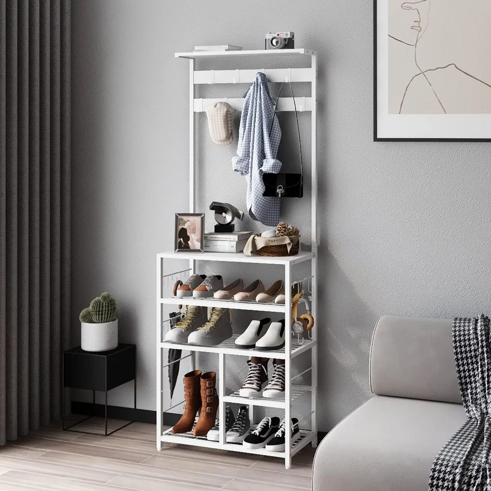 

Modern White Large 5-Tier Hall Tree Entryway Wooden Shoes Rack Shelf Coat Rack with Movable 9 Metal Hooks Storage Organizer