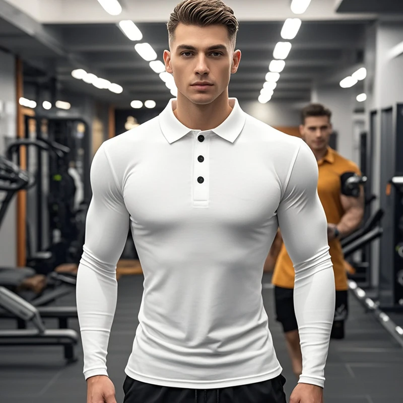 

Мужские рубашки поло с длинными рукавами для бега, влагоотводящие рубашки для мышц, быстросохнущие, для работы, пешего туризма, повседневные футболки с воротником на пуговицах