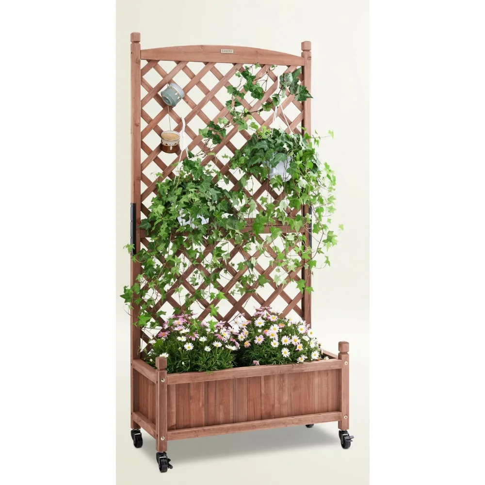 

Outdoor Raised Garden Bed with Trellis, 30x13x61 Inch Planter Box with Drainage Holes & Wheels for Climbing Plants