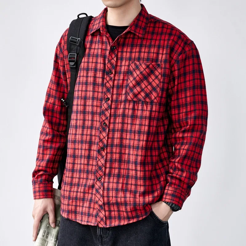 Spring Autumn Men\'s Clothing Long Sleeve Plaid Pockets Turn-down Collar Button Cardigan Shirt Coats Casual Fashion Retro Tops