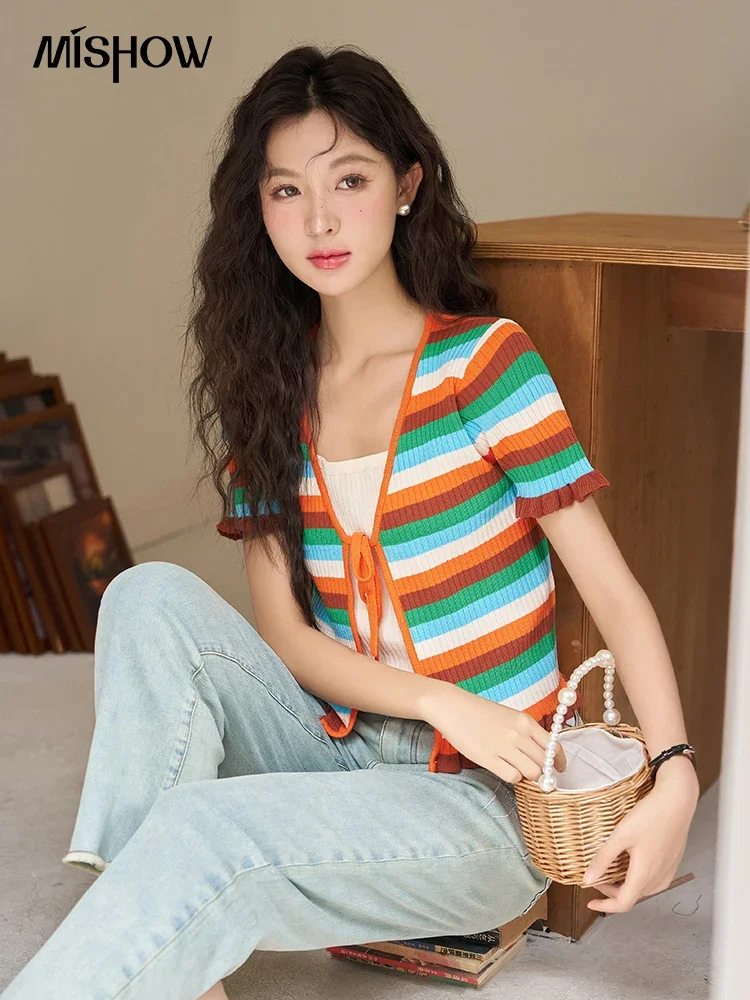 MISHOW Sweet Colorful Stripe Fake Two Piece Knitted Tops for Women 2023 Summer Petal Sleeve Female Casual T-shirt Top MXC38Z0112