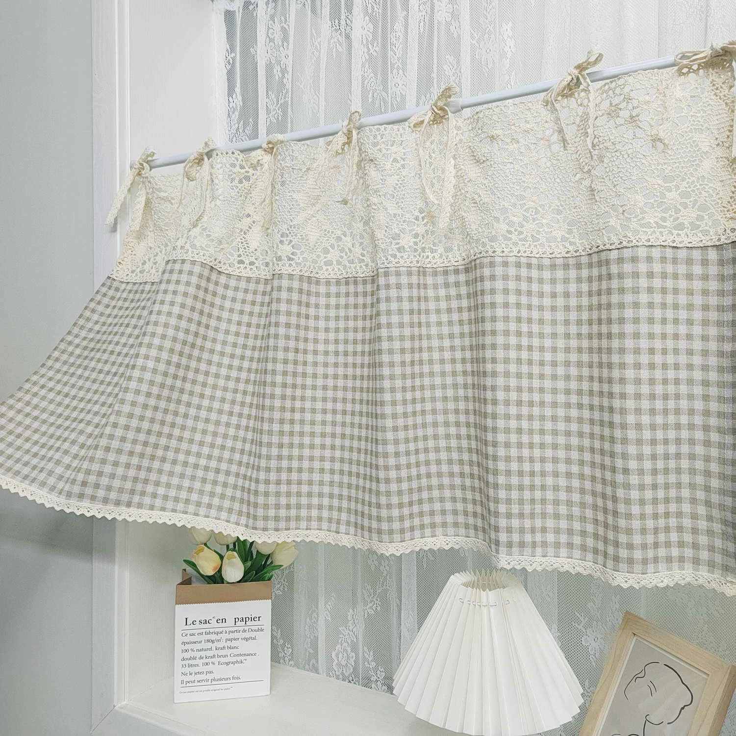 1PC Retro Splicing Lattice Short Curtain for Kitchen Tie Top Lace Drape Small Window Cafe Home Decoration Blinds