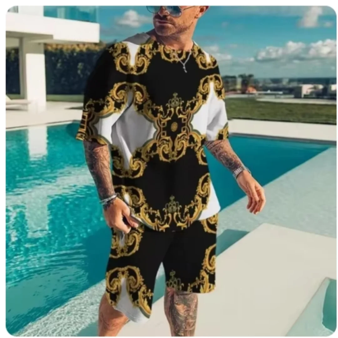 Summer New Men\'s T-shirt Set Baroque Style Gold Flower 3D Printed Tee Short Shorts Set Street Casual Vintage Tracksuit 2pcs Suit