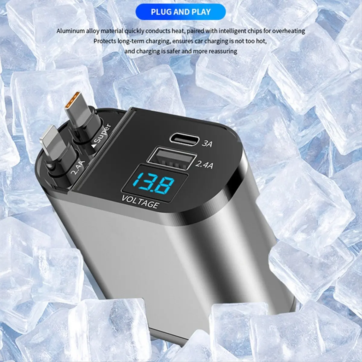 AB25 4-In-1 Retractable Car Charger with Dual Cables & 2 USB Ports, Mini Car Charger for IPhone 15/14/Pro Max/Samsung/Pixel