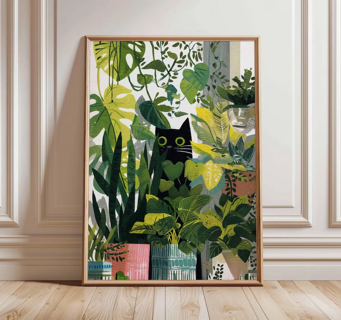 Cat Poster, Botanical Wall Art, Floral Print, Cat Lovers Gift, Animal Print, Feline Decor, Tropical Wall Art, Nature