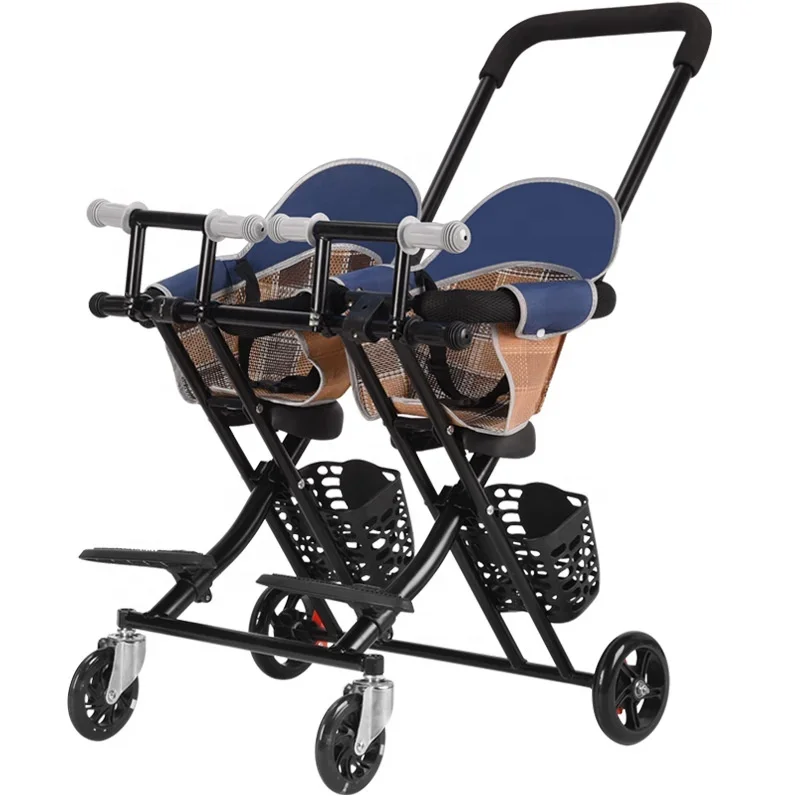 Foldable 4 Wheels Walking Baby Twins Stroller Baby Scooter Lightweight High Landscape Stroller Twin Double Seat Trolley