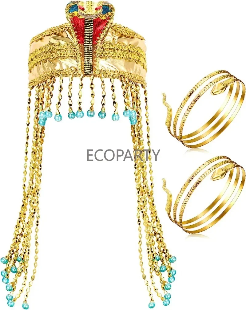 3 Pieces Egyptian Costume Accessories Egyptian Headband Snake Beaded Headpiece and 2 Pieces Metal Snake Arm Swirl Bracelets